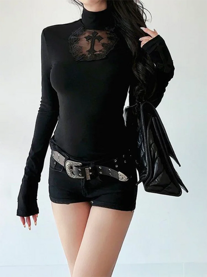 T-Shirt Col Roulé Gothique Noir