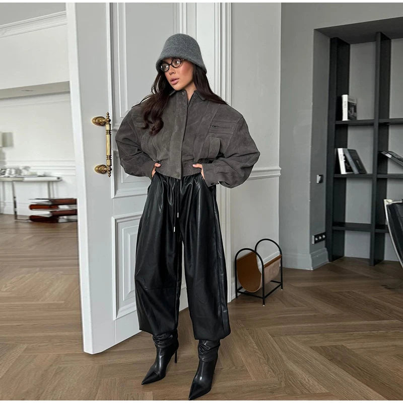 Pantalon Femme Simili Cuir Taille Élastique - Style Streetwear Hip Hop Large Automne