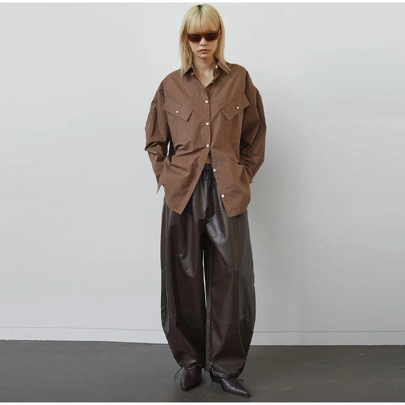 Pantalon Femme Simili Cuir Taille Élastique - Style Streetwear Hip Hop Large Automne