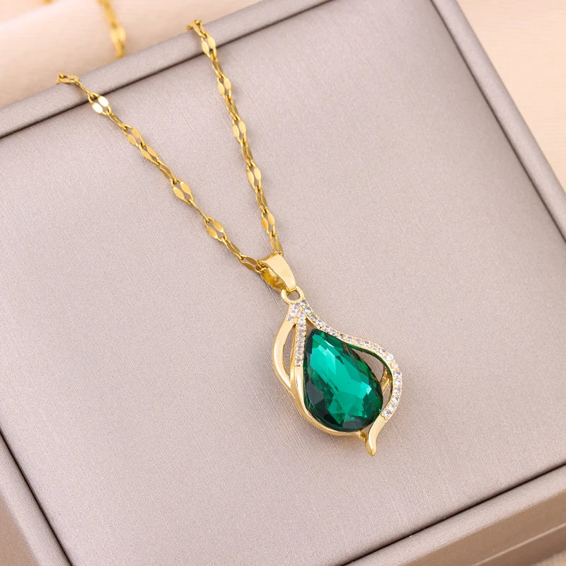 Collier Pendentif Zircon Vert - Acier Inoxydable