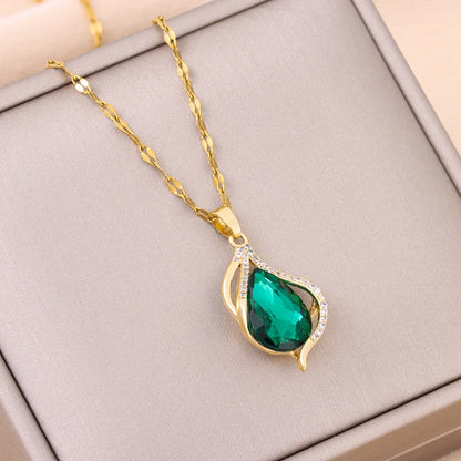 Collier Pendentif Zircon Vert - Acier Inoxydable