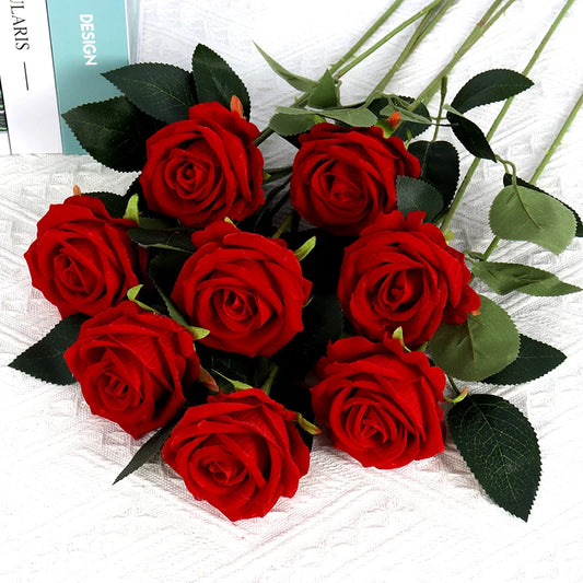 Bouquet 5 Roses Artificielles Velours Rouge - Mariage