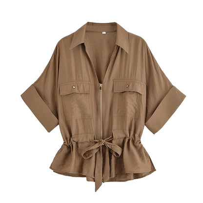 Ensemble Femme 2 Pièces Willshela - Chemise Zippée & Pantalon Taille Haute Vintage Chic