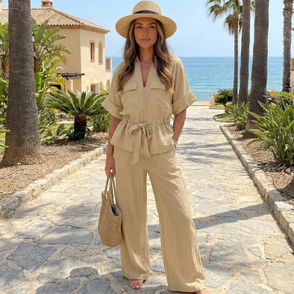 Ensemble Femme 2 Pièces Willshela - Chemise Zippée & Pantalon Taille Haute Vintage Chic