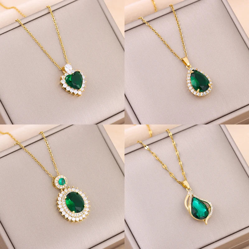 Collier Pendentif Zircon Vert - Acier Inoxydable