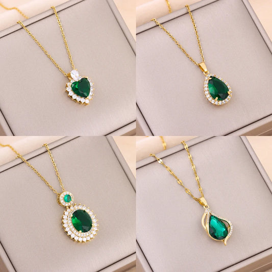 Collier Pendentif Zircon Vert - Acier Inoxydable