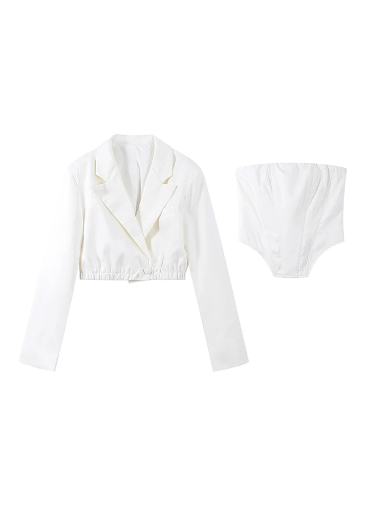 Ensemble 2 Pièces Femme Chevrons - Débardeur Ajusté + Veste Courte Casual Chic