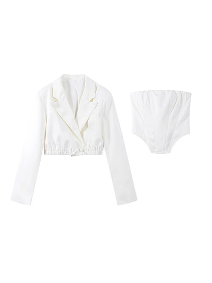 Ensemble 2 Pièces Femme Chevrons - Débardeur Ajusté + Veste Courte Casual Chic