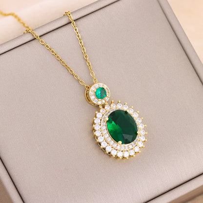 Collier Pendentif Zircon Vert - Acier Inoxydable