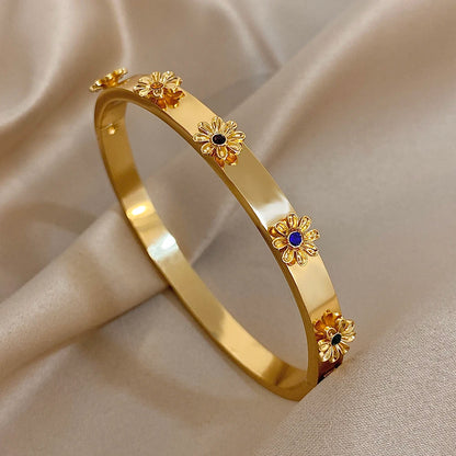 Bracelet Manchette Acier Inoxydable Fleur - Strass