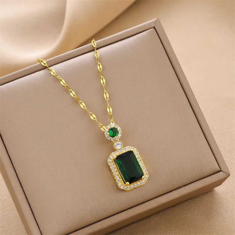 Collier Pendentif Zircon Vert - Acier Inoxydable