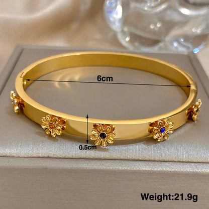 Bracelet Manchette Acier Inoxydable Fleur - Strass