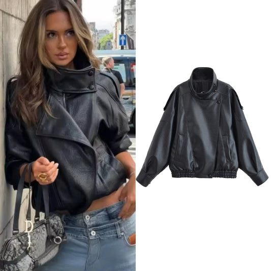 Veste Femme Similicuir Noir Style Moto Automne