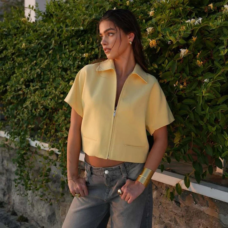 Veste Courte Femme MUJER – Manches Courtes, Zippée, Style Varsity pour l’Été