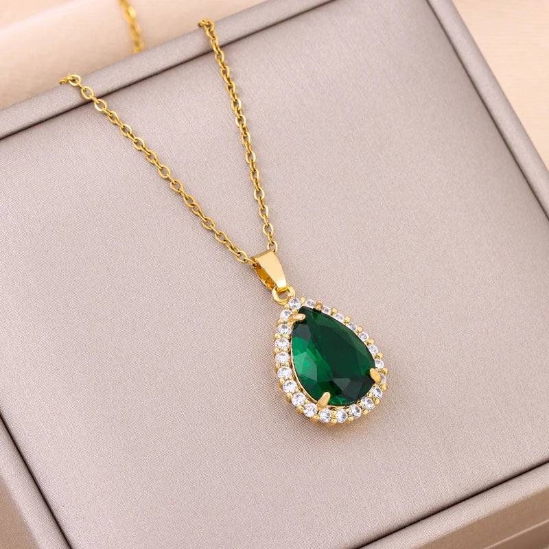 Collier Pendentif Zircon Vert - Acier Inoxydable