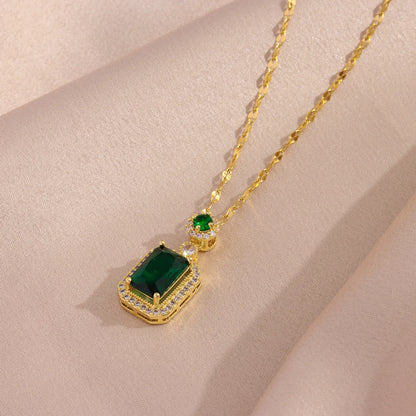 Collier Pendentif Zircon Vert - Acier Inoxydable